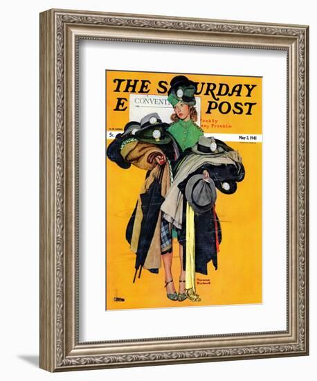 "Hatcheck Girl" Saturday Evening Post Cover, May 3,1941-Norman Rockwell-Framed Giclee Print