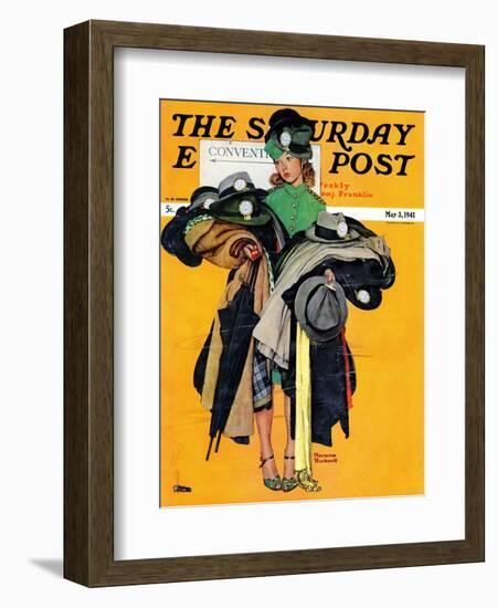 "Hatcheck Girl" Saturday Evening Post Cover, May 3,1941-Norman Rockwell-Framed Giclee Print