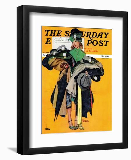 "Hatcheck Girl" Saturday Evening Post Cover, May 3,1941-Norman Rockwell-Framed Giclee Print