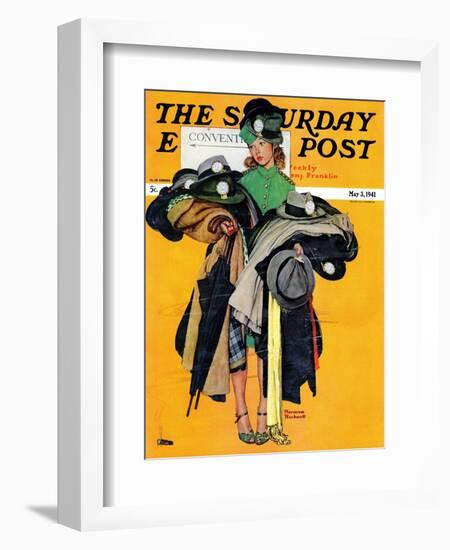 "Hatcheck Girl" Saturday Evening Post Cover, May 3,1941-Norman Rockwell-Framed Giclee Print