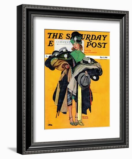 "Hatcheck Girl" Saturday Evening Post Cover, May 3,1941-Norman Rockwell-Framed Giclee Print