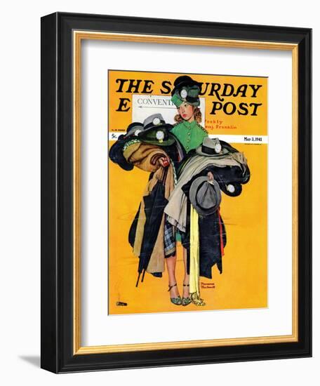 "Hatcheck Girl" Saturday Evening Post Cover, May 3,1941-Norman Rockwell-Framed Giclee Print