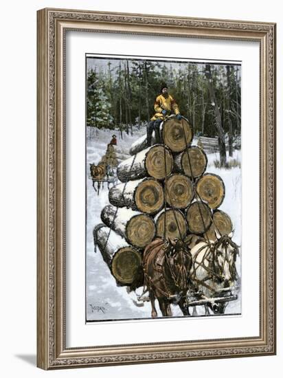 Hauling Logs with a Horse-Drawn Sledge in Northern Wisconsin, 1880s-null-Framed Giclee Print