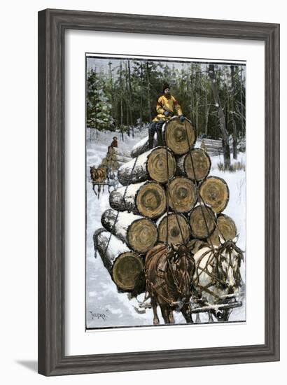 Hauling Logs with a Horse-Drawn Sledge in Northern Wisconsin, 1880s-null-Framed Giclee Print