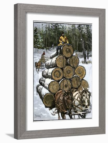 Hauling Logs with a Horse-Drawn Sledge in Northern Wisconsin, 1880s-null-Framed Giclee Print