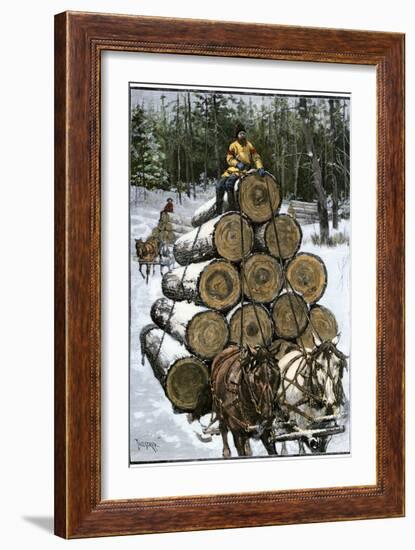 Hauling Logs with a Horse-Drawn Sledge in Northern Wisconsin, 1880s-null-Framed Giclee Print