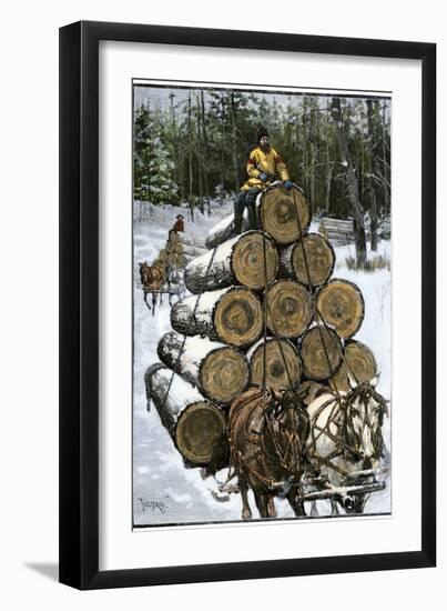 Hauling Logs with a Horse-Drawn Sledge in Northern Wisconsin, 1880s-null-Framed Giclee Print