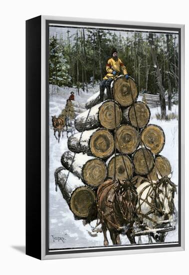 Hauling Logs with a Horse-Drawn Sledge in Northern Wisconsin, 1880s-null-Framed Premier Image Canvas