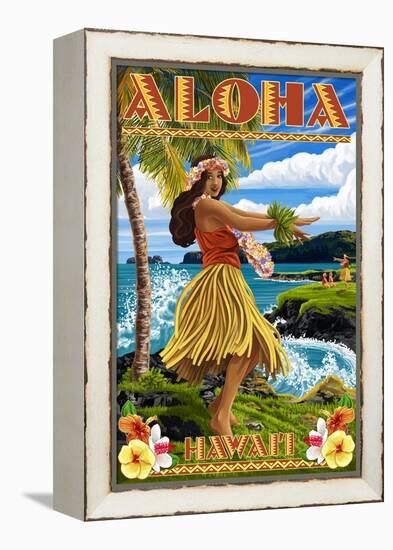 Hawaii - Aloha - Hula Girl on Coast (Flower Border)-Lantern Press-Framed Stretched Canvas