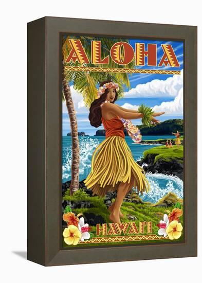 Hawaii - Aloha - Hula Girl on Coast (Flower Border)-Lantern Press-Framed Stretched Canvas