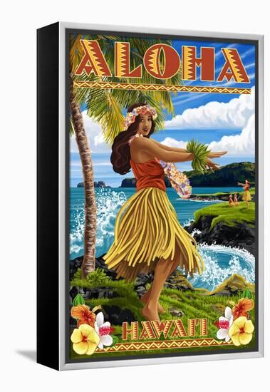 Hawaii - Aloha - Hula Girl on Coast (Flower Border)-Lantern Press-Framed Stretched Canvas