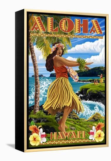 Hawaii - Aloha - Hula Girl on Coast (Flower Border)-Lantern Press-Framed Stretched Canvas