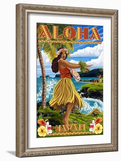 Hawaii - Aloha - Hula Girl on Coast (Flower Border)-Lantern Press-Framed Art Print