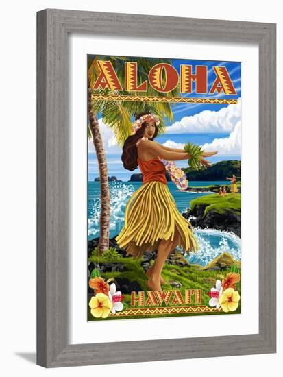 Hawaii - Aloha - Hula Girl on Coast (Flower Border)-Lantern Press-Framed Art Print