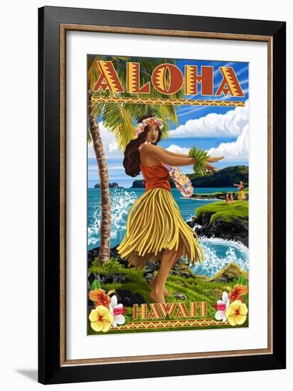 Hawaii - Aloha - Hula Girl on Coast (Flower Border)-Lantern Press-Framed Art Print