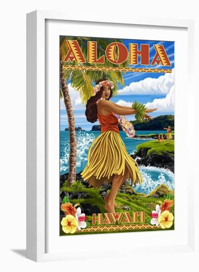 Hawaii - Aloha - Hula Girl on Coast (Flower Border)-Lantern Press-Framed Art Print