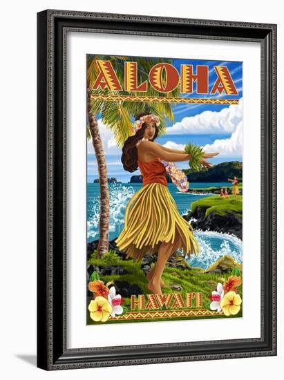 Hawaii - Aloha - Hula Girl on Coast (Flower Border)-Lantern Press-Framed Art Print