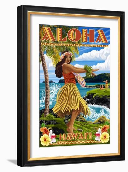 Hawaii - Aloha - Hula Girl on Coast (Flower Border)-Lantern Press-Framed Art Print