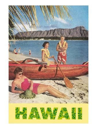 Hawaii, Beach Scene with Outrigger Art Print by | Art.com