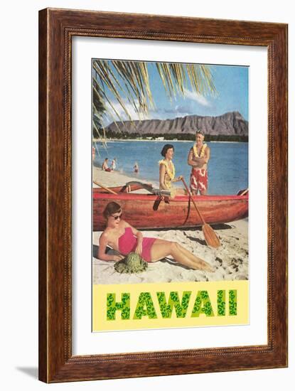 Hawaii, Beach Scene with Outrigger-null-Framed Art Print