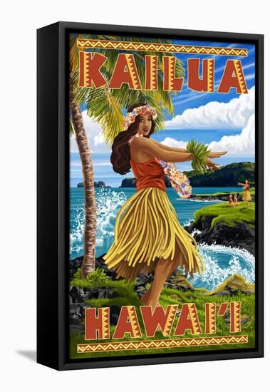 Hawaii Hula Girl on Coast - Kailua, Hawaii-Lantern Press-Framed Stretched Canvas