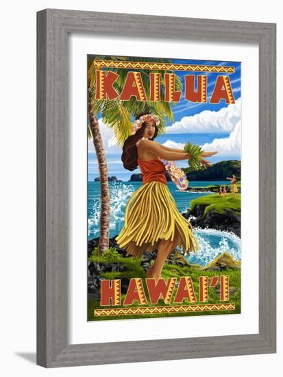 Hawaii Hula Girl on Coast - Kailua, Hawaii-Lantern Press-Framed Art Print