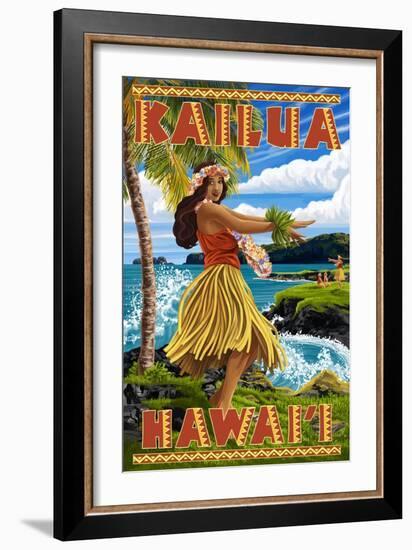 Hawaii Hula Girl on Coast - Kailua, Hawaii-Lantern Press-Framed Art Print