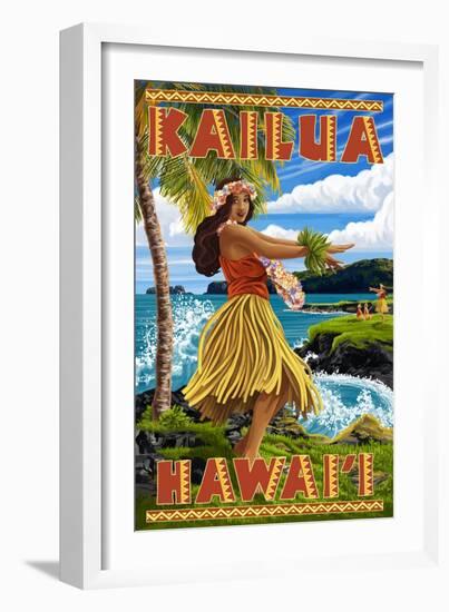 Hawaii Hula Girl on Coast - Kailua, Hawaii-Lantern Press-Framed Art Print