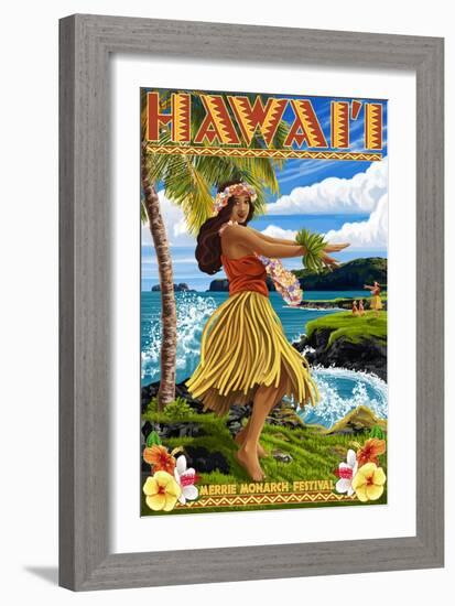 Hawaii Hula Girl on Coast - Merrie Monarch Festival-Lantern Press-Framed Art Print