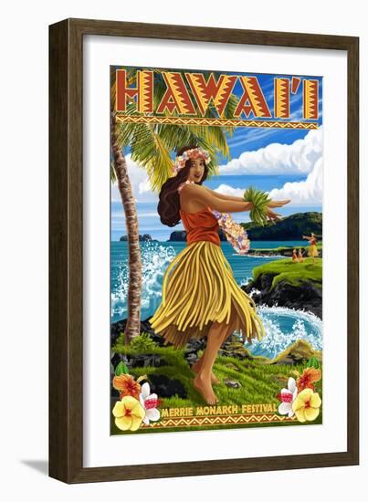 Hawaii Hula Girl on Coast - Merrie Monarch Festival-Lantern Press-Framed Art Print