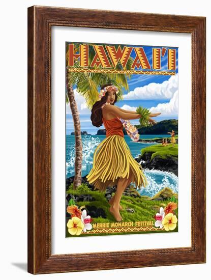 Hawaii Hula Girl on Coast - Merrie Monarch Festival-Lantern Press-Framed Art Print