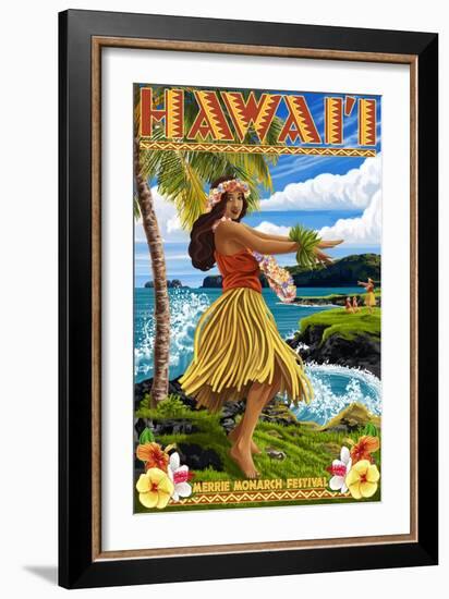 Hawaii Hula Girl on Coast - Merrie Monarch Festival-Lantern Press-Framed Art Print