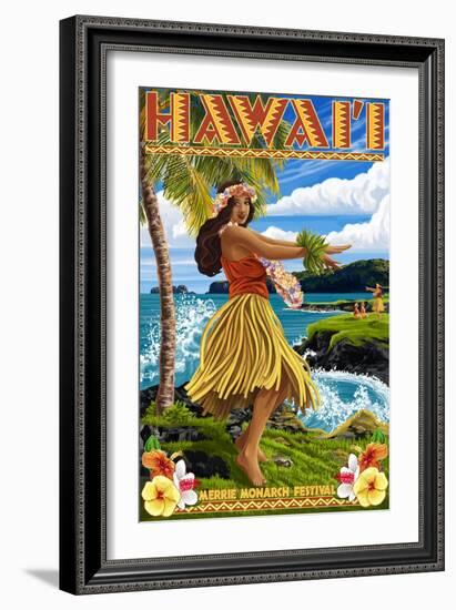 Hawaii Hula Girl on Coast - Merrie Monarch Festival-Lantern Press-Framed Art Print