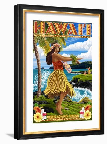 Hawaii Hula Girl on Coast - Merrie Monarch Festival-Lantern Press-Framed Art Print