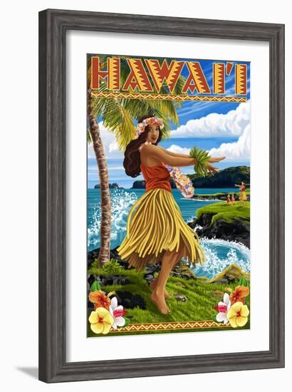 Hawaii Hula Girl on Coast-Lantern Press-Framed Art Print