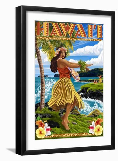 Hawaii Hula Girl on Coast-Lantern Press-Framed Art Print