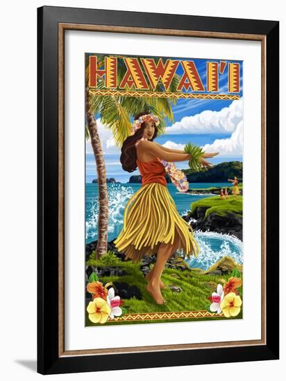 Hawaii Hula Girl on Coast-Lantern Press-Framed Art Print