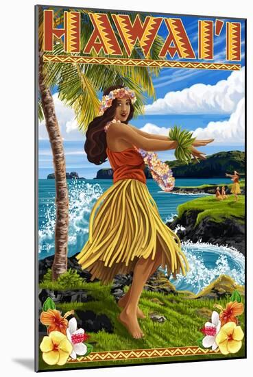 Hawaii Hula Girl on Coast-Lantern Press-Mounted Art Print