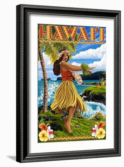 Hawaii Hula Girl on Coast-Lantern Press-Framed Art Print