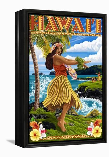 Hawaii Hula Girl on Coast-Lantern Press-Framed Stretched Canvas