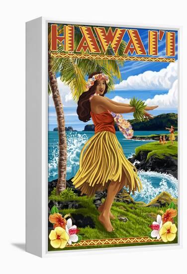 Hawaii Hula Girl on Coast-Lantern Press-Framed Stretched Canvas