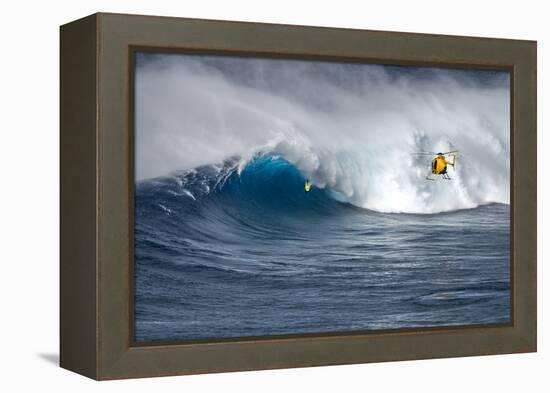 Hawaii Maui. Helicopter Crew Filming Kyle Lenny Surfing Monster Waves at Pe'Ahi Jaws-Janis Miglavs-Framed Premier Image Canvas