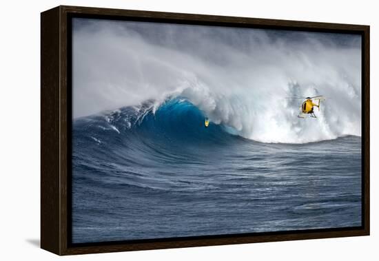 Hawaii Maui. Helicopter Crew Filming Kyle Lenny Surfing Monster Waves at Pe'Ahi Jaws-Janis Miglavs-Framed Premier Image Canvas