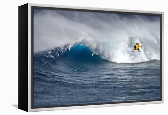 Hawaii Maui. Helicopter Crew Filming Kyle Lenny Surfing Monster Waves at Pe'Ahi Jaws-Janis Miglavs-Framed Premier Image Canvas