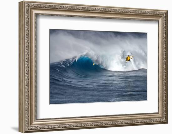 Hawaii Maui. Helicopter Crew Filming Kyle Lenny Surfing Monster Waves at Pe'Ahi Jaws-Janis Miglavs-Framed Photographic Print