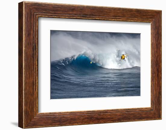 Hawaii Maui. Helicopter Crew Filming Kyle Lenny Surfing Monster Waves at Pe'Ahi Jaws-Janis Miglavs-Framed Photographic Print