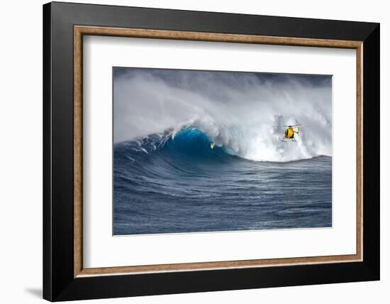 Hawaii Maui. Helicopter Crew Filming Kyle Lenny Surfing Monster Waves at Pe'Ahi Jaws-Janis Miglavs-Framed Photographic Print