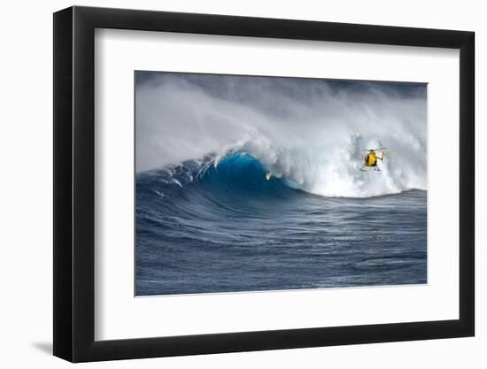 Hawaii Maui. Helicopter Crew Filming Kyle Lenny Surfing Monster Waves at Pe'Ahi Jaws-Janis Miglavs-Framed Photographic Print