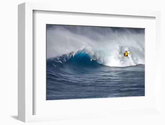 Hawaii Maui. Helicopter Crew Filming Kyle Lenny Surfing Monster Waves at Pe'Ahi Jaws-Janis Miglavs-Framed Photographic Print