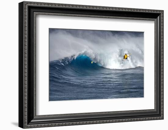 Hawaii Maui. Helicopter Crew Filming Kyle Lenny Surfing Monster Waves at Pe'Ahi Jaws-Janis Miglavs-Framed Photographic Print